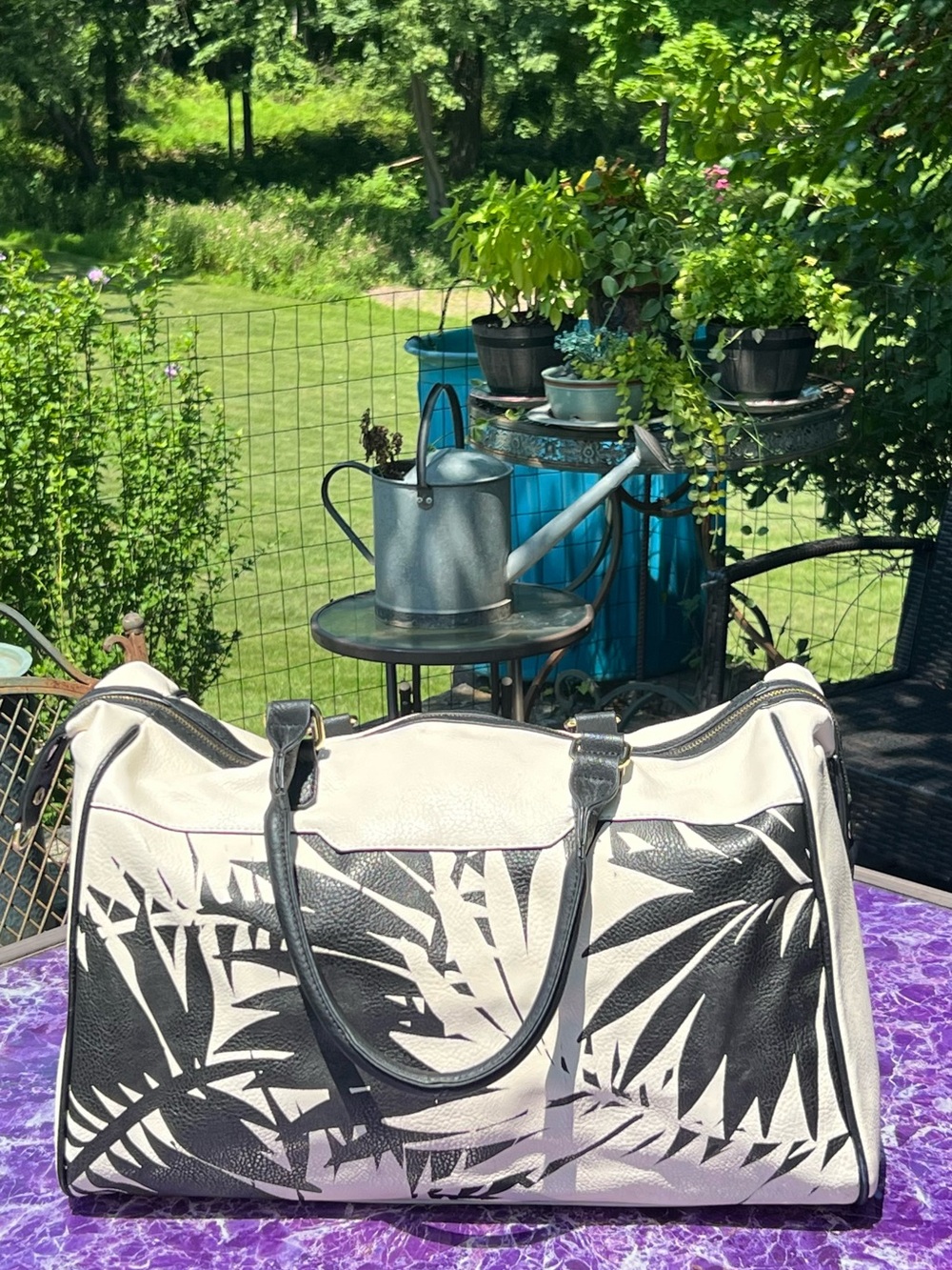 Black & White Palm-Print Travel Weekender Bag